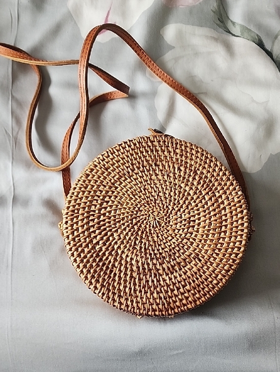 Handbags - Woven Round Straw Crossbody Bag in Tan 8inch Round X 2.5 Wide